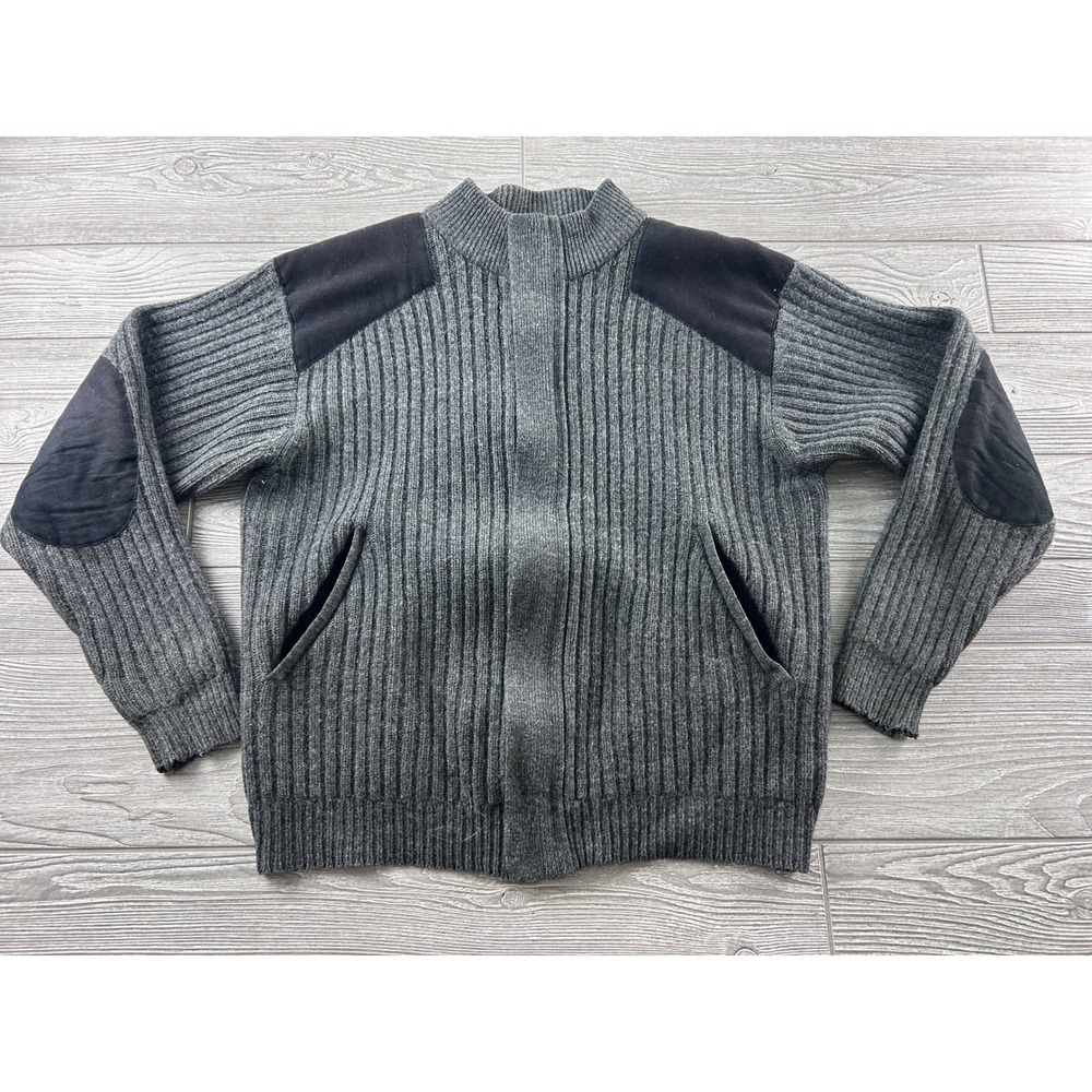 Cabelas Outfitter Series Mens Medium Gray Ribbed Full Zip Sweater Jacket Patches